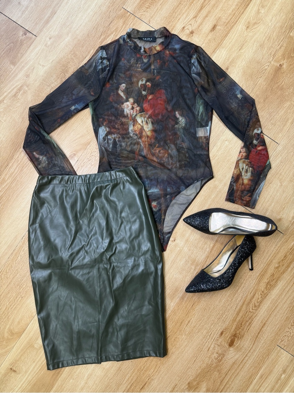 AKIRA Mesh Bodysuit with Renaissance-Inspired Mocha and Rust Print